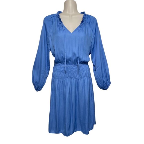 Loft Long-Sleeve Elastic Waist Mini Dress With Tie Neck in Blue Size 2 - Picture 2 of 6